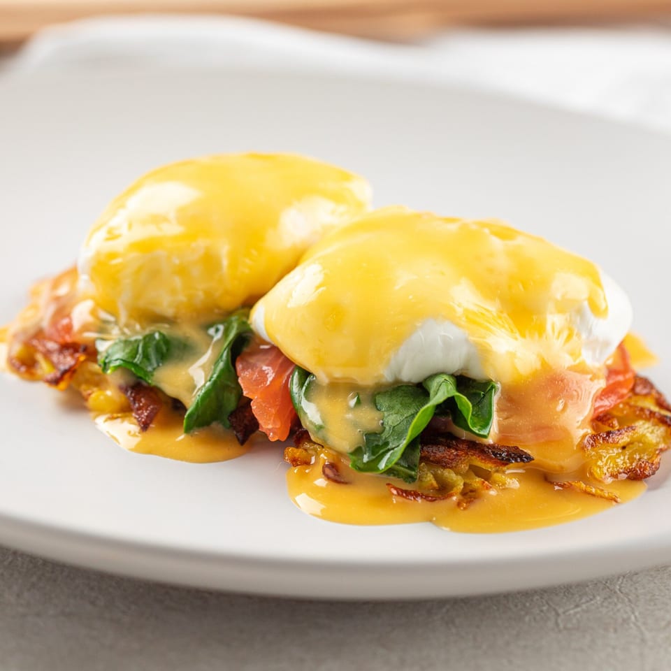 Two eggs Benedict with hollandaise sauce, spinach, and salmon on crispy hash browns.