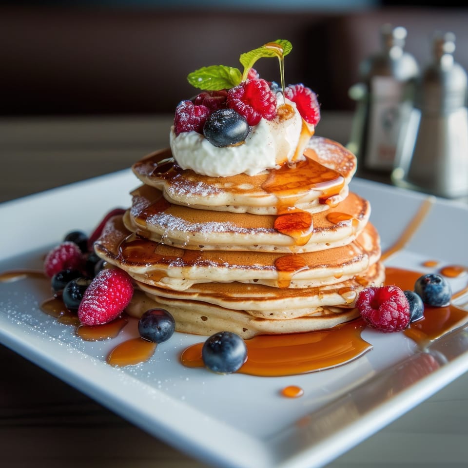 Stack of Orion Diner & Grill pancakes with berries, whipped cream, and syrup on a white plate.